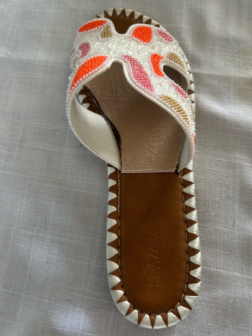 Beaded Cutout Flat Sandals - White with Coral & Pink - Picture 5 of 7